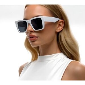 White Square Chunky Sunglasses Oversized Rectangular Retro Mod Shades Womens new